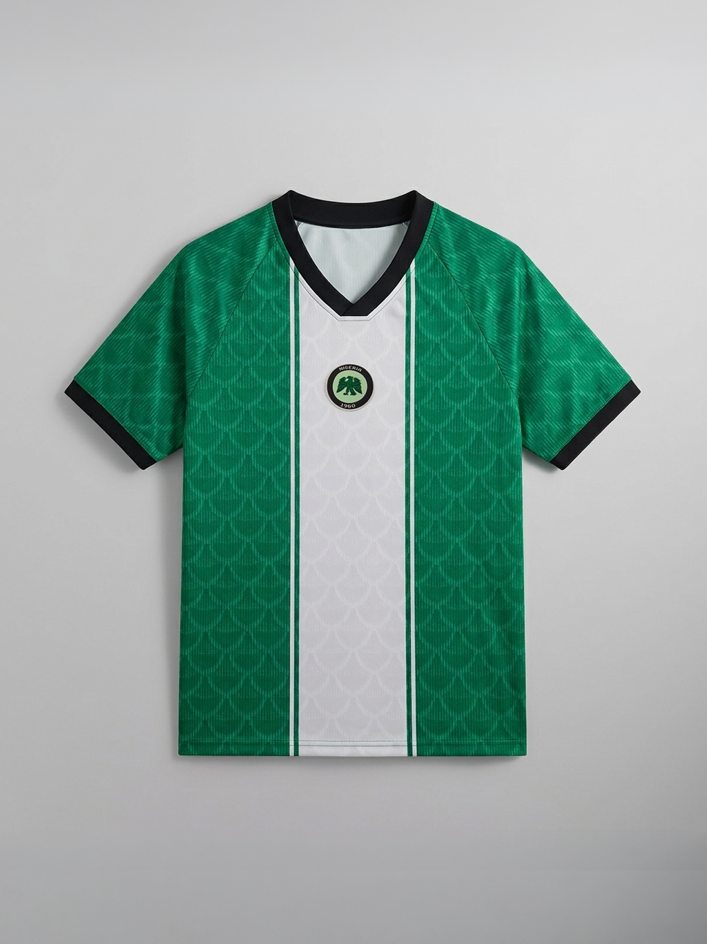 Green and white sports jersey with a logo on a gray background